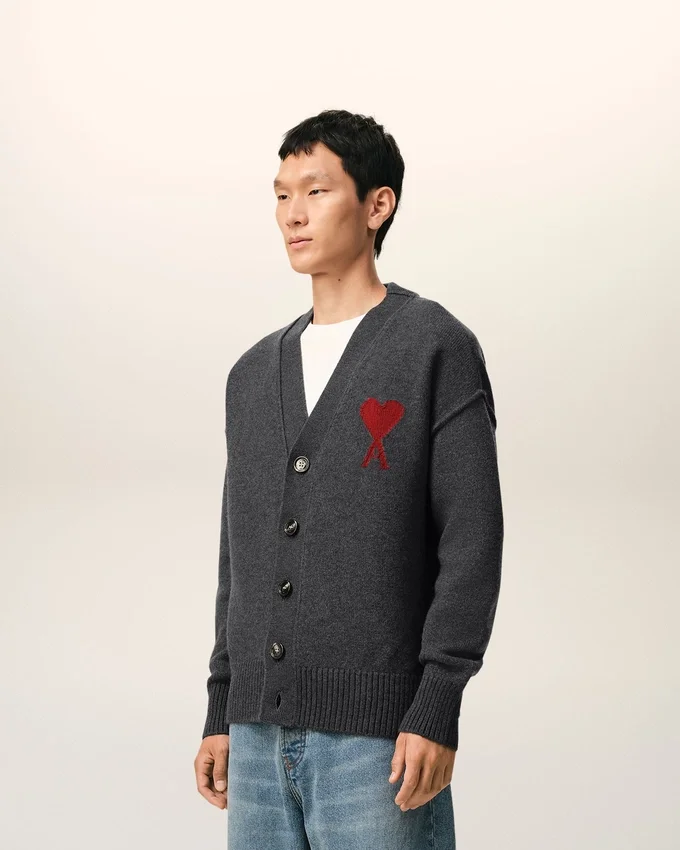 Grey Wool Cardigan with Contrasted Ami De Coeur Grey Wool Cardigan with Contrasted Ami De Coeur
