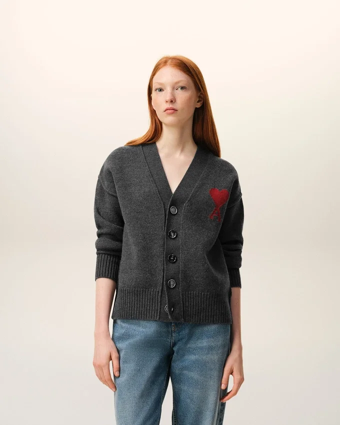 Grey Wool Cardigan with Contrasted Ami De Coeur Grey Wool Cardigan with Contrasted Ami De Coeur