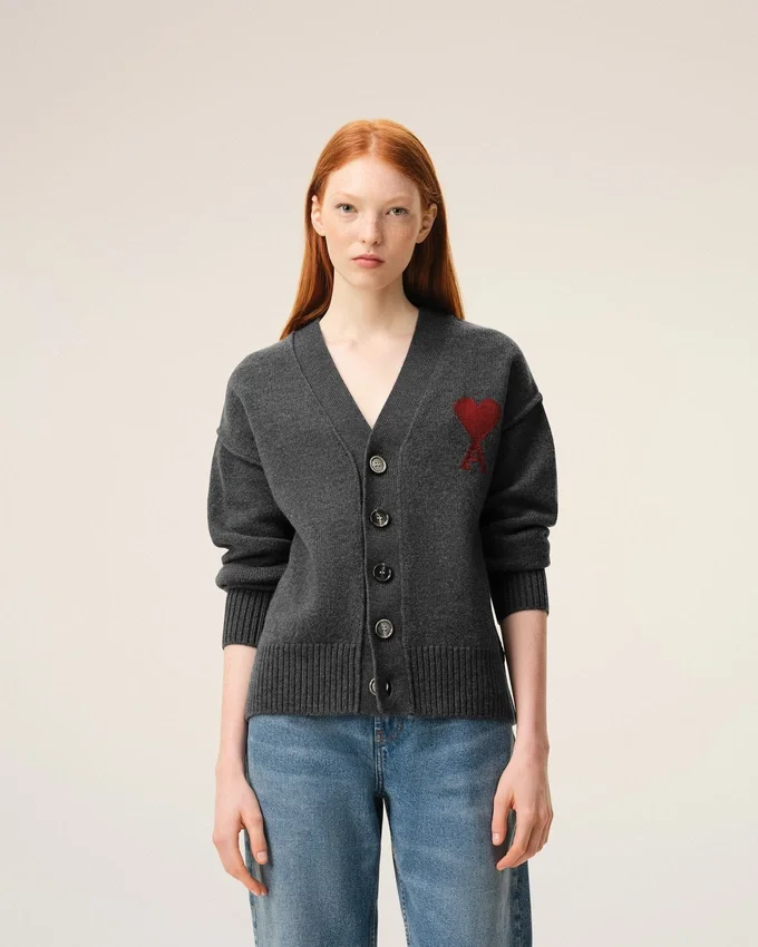 Grey Wool Cardigan with Contrasted Ami De Coeur Grey Wool Cardigan with Contrasted Ami De Coeur