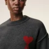 Grey Wool Crewneck Sweater with Contrasted Ami De Coeur