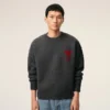 Grey Wool Crewneck Sweater with Contrasted Ami De Coeur