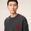 Grey Wool Crewneck Sweater with Contrasted Ami De Coeur