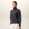 Grey Wool Funnel Neck Sweater with Contrasted Ami De Coeur