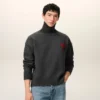 Grey Wool Funnel Neck Sweater with Contrasted Ami De Coeur
