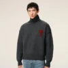 Grey Wool Funnel Neck Sweater with Contrasted Ami De Coeur