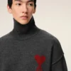Grey Wool Funnel Neck Sweater with Contrasted Ami De Coeur