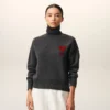 Grey Wool Funnel Neck Sweater with Contrasted Ami De Coeur