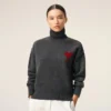 Grey Wool Funnel Neck Sweater with Contrasted Ami De Coeur