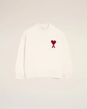 Natural Wool Crewneck Sweater with Contrasted Ami De Coeur Natural Wool Crewneck Sweater with Contrasted Ami De Coeur