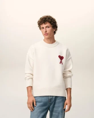 Natural Wool Crewneck Sweater with Contrasted Ami De Coeur Natural Wool Crewneck Sweater with Contrasted Ami De Coeur