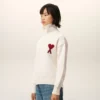 Natural Wool Funnel Neck Sweater with Contrasted Ami De Coeur