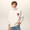 Natural Wool Funnel Neck Sweater with Contrasted Ami De Coeur