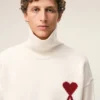 Natural Wool Funnel Neck Sweater with Contrasted Ami De Coeur