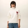 Natural Wool Funnel Neck Sweater with Contrasted Ami De Coeur