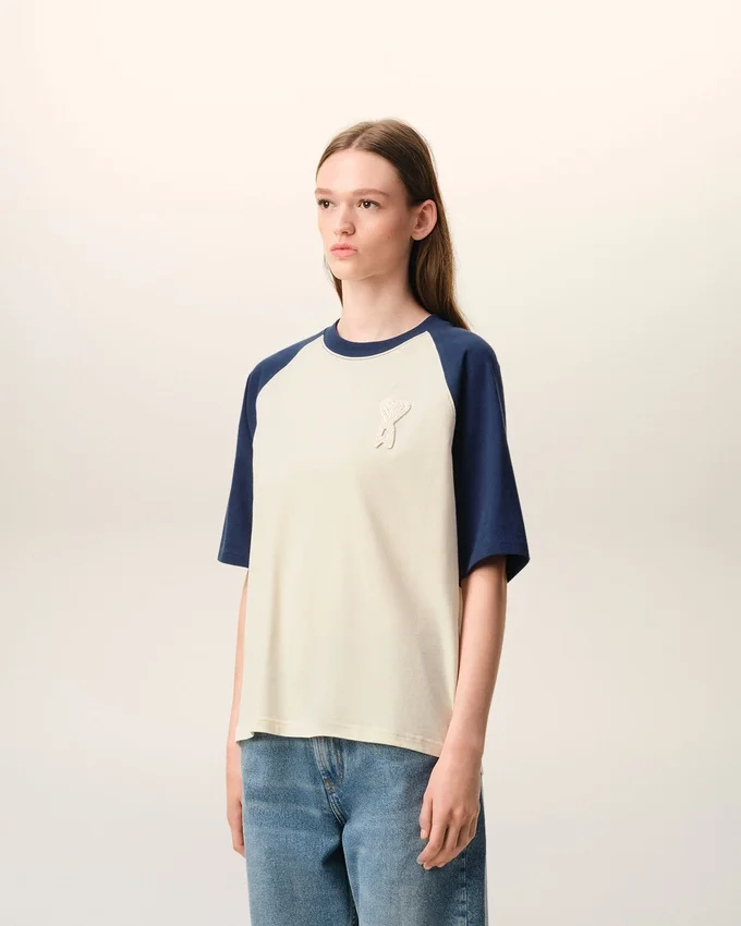White and Blue Cotton Ami De Coeur Knitted Patch T-Shirt White and Blue Cotton Ami De Coeur Knitted Patch T-Shirt
