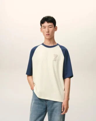 White and Blue Cotton Ami De Coeur Knitted Patch T-Shirt