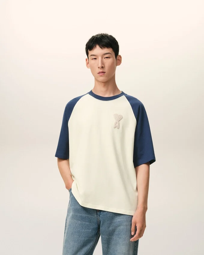 White and Blue Cotton Ami De Coeur Knitted Patch T-Shirt White and Blue Cotton Ami De Coeur Knitted Patch T-Shirt