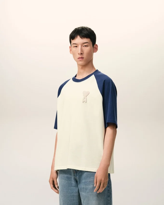 White and Blue Cotton Ami De Coeur Knitted Patch T-Shirt White and Blue Cotton Ami De Coeur Knitted Patch T-Shirt