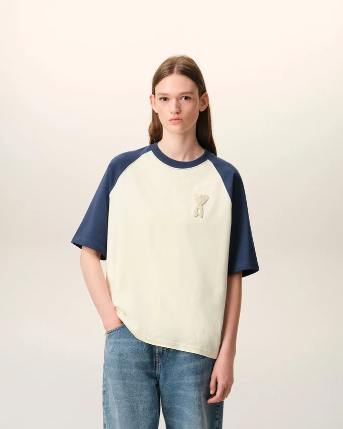 White and Blue Cotton Ami De Coeur Knitted Patch T-Shirt White and Blue Cotton Ami De Coeur Knitted Patch T-Shirt