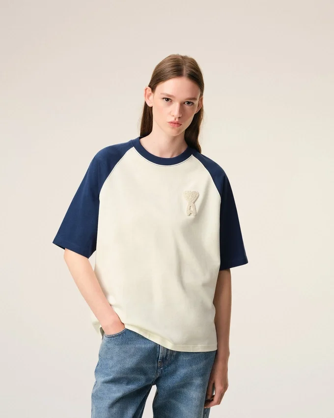 White and Blue Cotton Ami De Coeur Knitted Patch T-Shirt White and Blue Cotton Ami De Coeur Knitted Patch T-Shirt