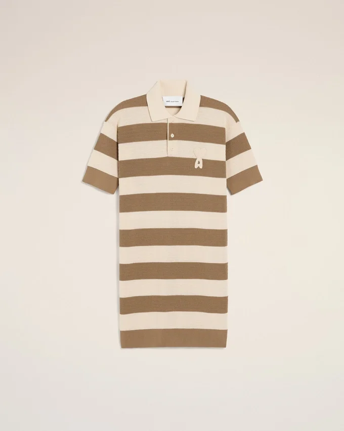 White and Brown Cotton Polo Dress Ami De Coeur Patch White and Brown Cotton Polo Dress Ami De Coeur Patch