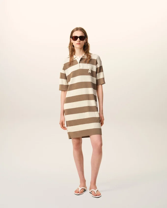 White and Brown Cotton Polo Dress Ami De Coeur Patch White and Brown Cotton Polo Dress Ami De Coeur Patch
