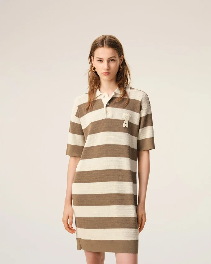 White and Brown Cotton Polo Dress Ami De Coeur Patch White and Brown Cotton Polo Dress Ami De Coeur Patch