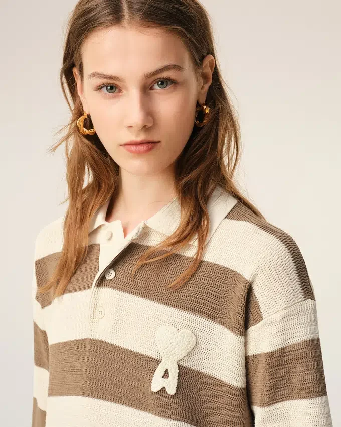 White and Brown Cotton Polo Dress Ami De Coeur Patch White and Brown Cotton Polo Dress Ami De Coeur Patch