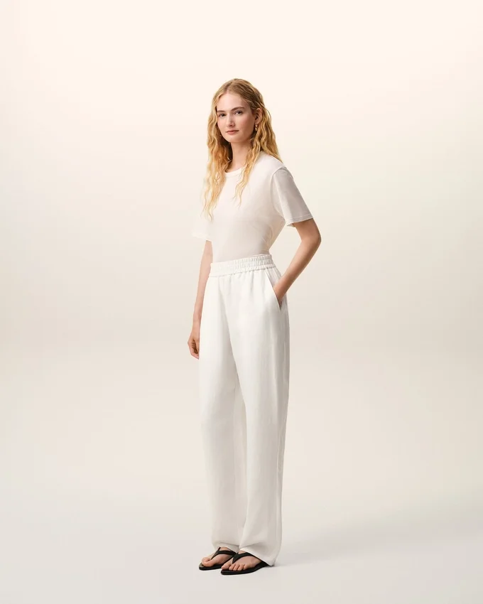 White Blended Linen Elasticated Waist Trousers White Blended Linen Elasticated Waist Trousers