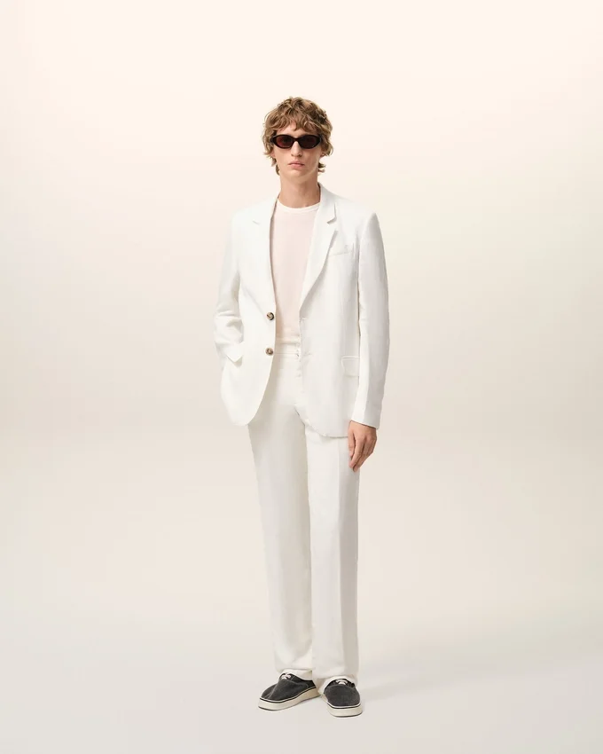White Blended Linen Single Breasted Straight Jacket White Blended Linen Single Breasted Straight Jacket