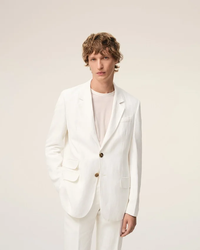 White Blended Linen Single Breasted Straight Jacket White Blended Linen Single Breasted Straight Jacket