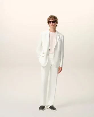 White Blended Linen Straight Trousers