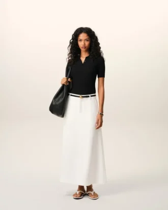 White Blended Linen Tailor Construction Long Trapeze Skirt
