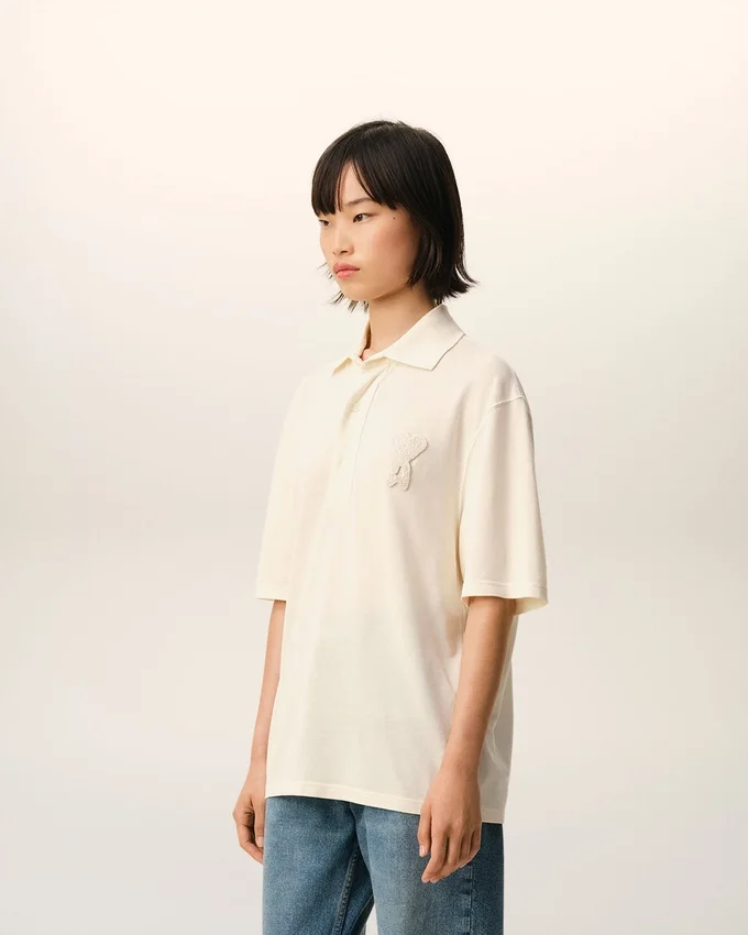 White Cotton Ami De Coeur Knitted Patch Polo White Cotton Ami De Coeur Knitted Patch Polo