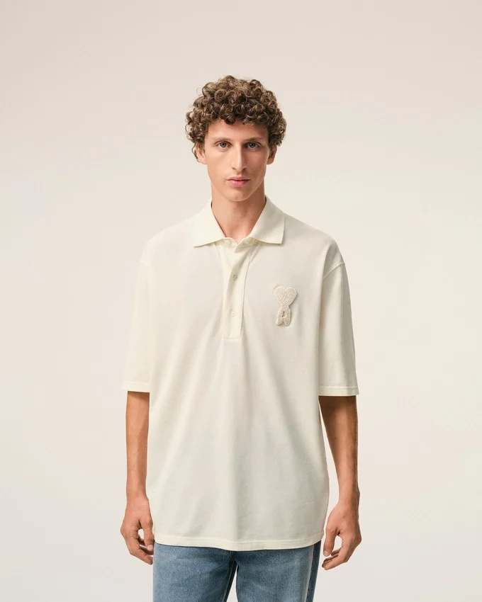 White Cotton Ami De Coeur Knitted Patch Polo White Cotton Ami De Coeur Knitted Patch Polo