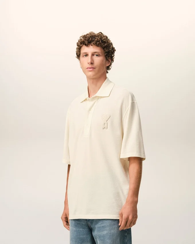 White Cotton Ami De Coeur Knitted Patch Polo White Cotton Ami De Coeur Knitted Patch Polo