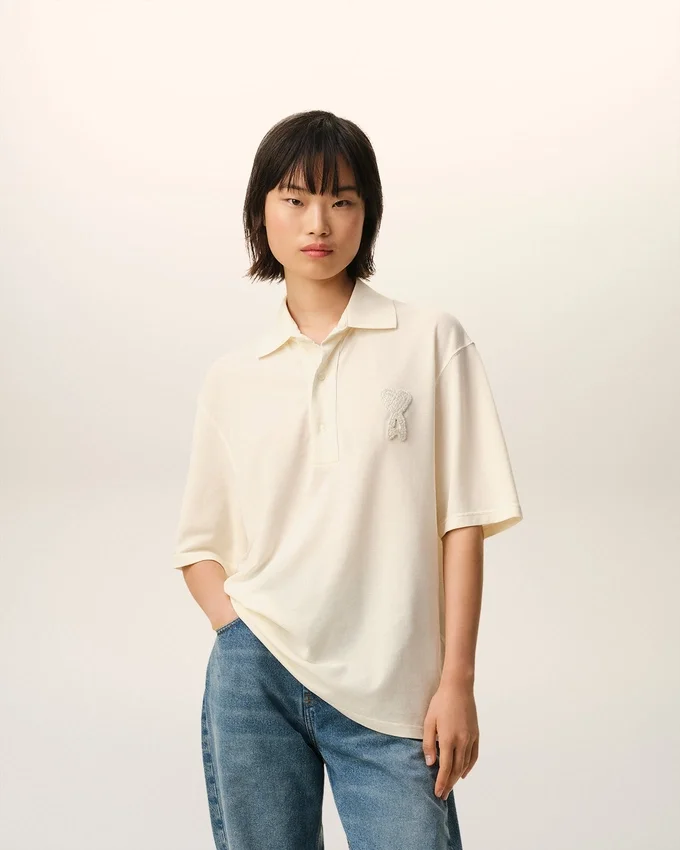 White Cotton Ami De Coeur Knitted Patch Polo White Cotton Ami De Coeur Knitted Patch Polo