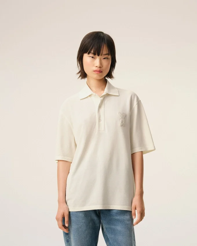 White Cotton Ami De Coeur Knitted Patch Polo White Cotton Ami De Coeur Knitted Patch Polo