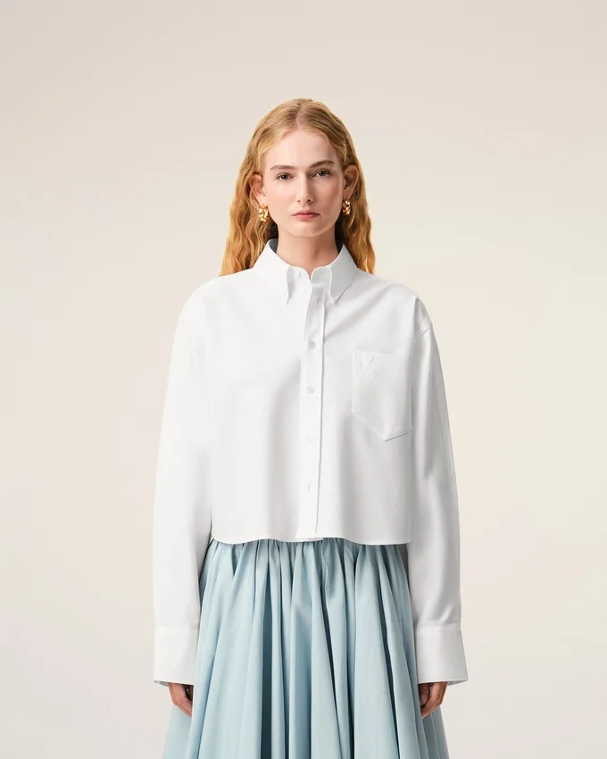 White Cotton Cropped Embossed Ami De Coeur Shirt White Cotton Cropped Embossed Ami De Coeur Shirt
