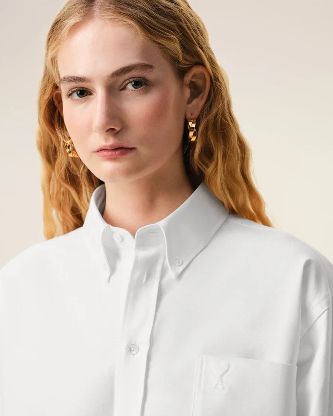 White Cotton Cropped Embossed Ami De Coeur Shirt White Cotton Cropped Embossed Ami De Coeur Shirt
