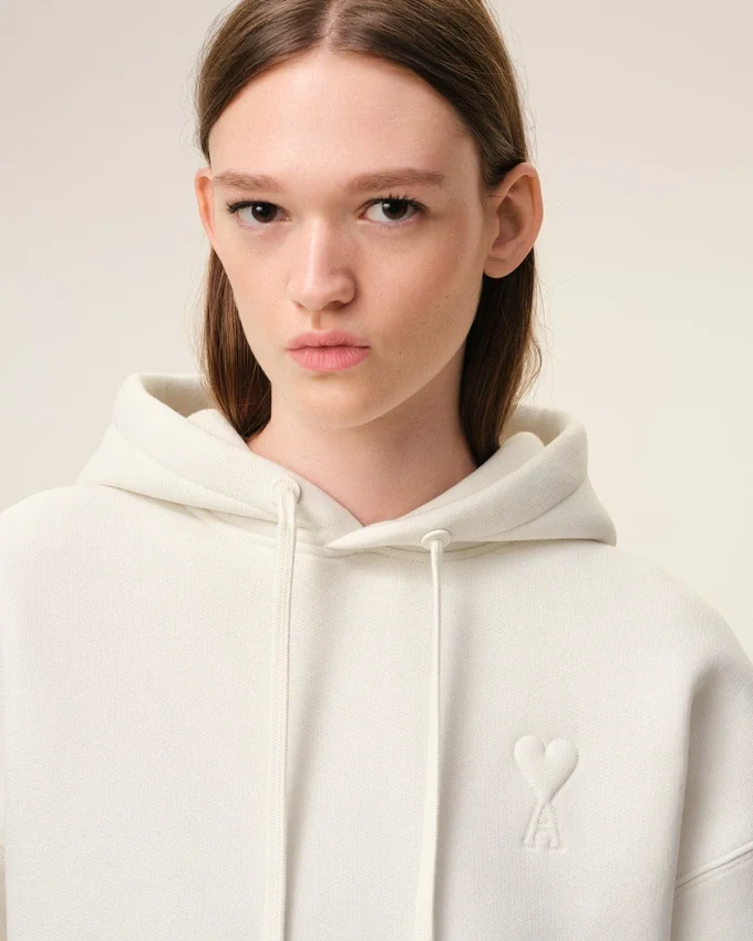 White Cotton Embossed Ami De Coeur Hoodie White Cotton Embossed Ami De Coeur Hoodie