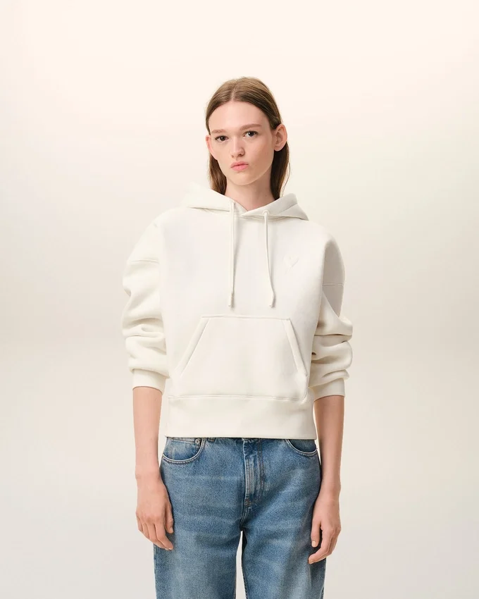White Cotton Embossed Ami De Coeur Hoodie White Cotton Embossed Ami De Coeur Hoodie