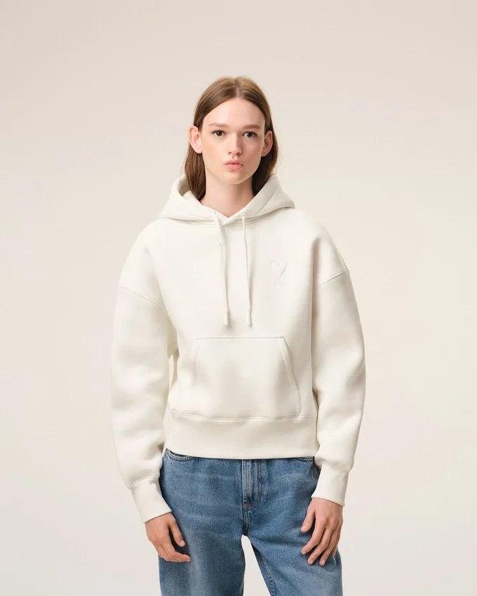 White Cotton Embossed Ami De Coeur Hoodie White Cotton Embossed Ami De Coeur Hoodie