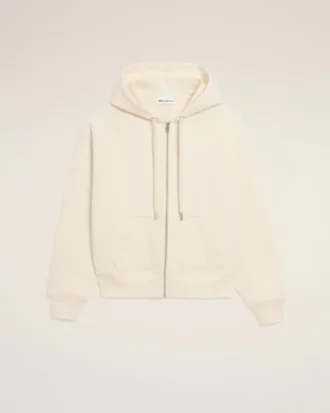 White Cotton Embossed Ami De Coeur Zipped Hoodie