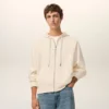 White Cotton Embossed Ami De Coeur Zipped Hoodie