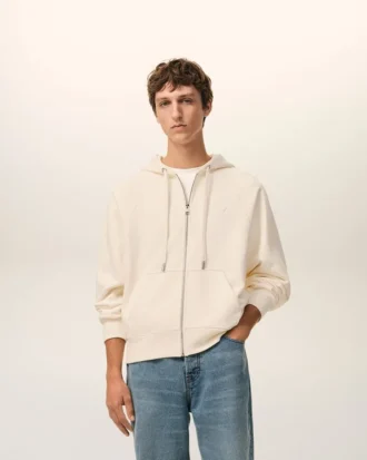 White Cotton Embossed Ami De Coeur Zipped Hoodie