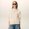White Cotton Embossed Ami De Coeur Zipped Hoodie