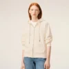 White Cotton Embossed Ami De Coeur Zipped Hoodie