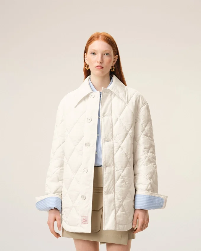 White Nylon Padded Buttoned Jacket White Nylon Padded Buttoned Jacket