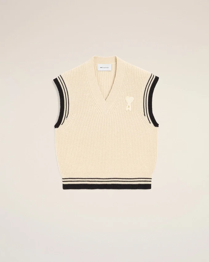 White Ribbed Wool Sleeveless Ami De Coeur Sweater White Ribbed Wool Sleeveless Ami De Coeur Sweater